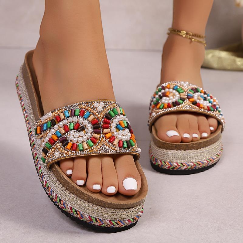 Fashion Fashion Rhinestone Platform Slippers Summer New Round Toe Open Toe Non-slip Wear-resistant Flat Slippers