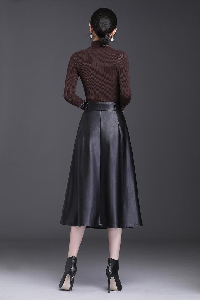 Syvent Langes PU-Leder mit und Faux-Ausgestelltem Rock Damen Herbst/Winter Rock, A-Linie, Leder, Gürtel, Knöpfe, Leder,