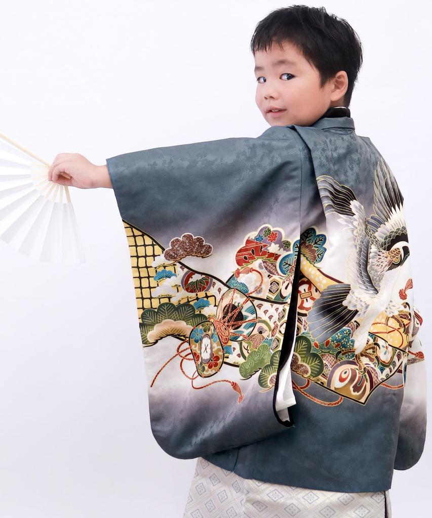 Kimono Full Set and Eba A Hawk Drum Gray Narihira [KYOETSU] 5-Year-Old Boy's Shichi-Go-San Set, (Haori Hakama), 753, ((06) - + Diamond)