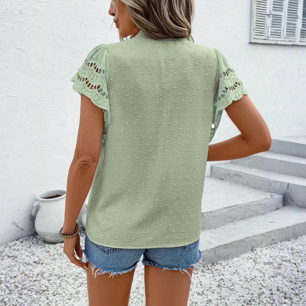 Women's Fashionable Casual Lace-trimmed Hollowed-out Button Short-sleeved T-shirt Top