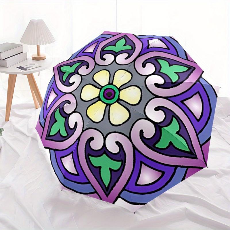 1pc Floral Mandala Design Folding Umbrella With Excellent UV Protection, 8 Ribs Casual Durable Lightweight Portable Travelling Umbrella For