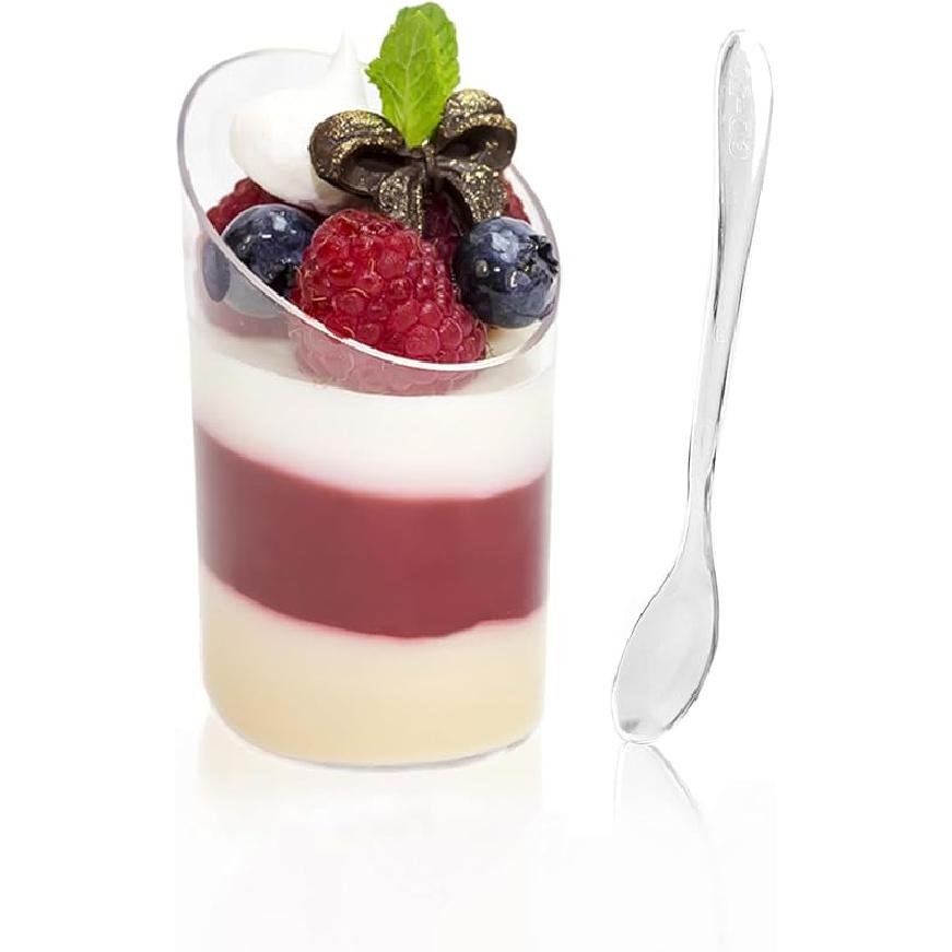 TOFLEN 50 Pack Mini Dessert Cups with Spoons, 2.2 oz Round Plastic Dessert Shooter Cups Slanted Appetizer Cups for Party Serving Jello Parfait 50 cups + 50 spoons