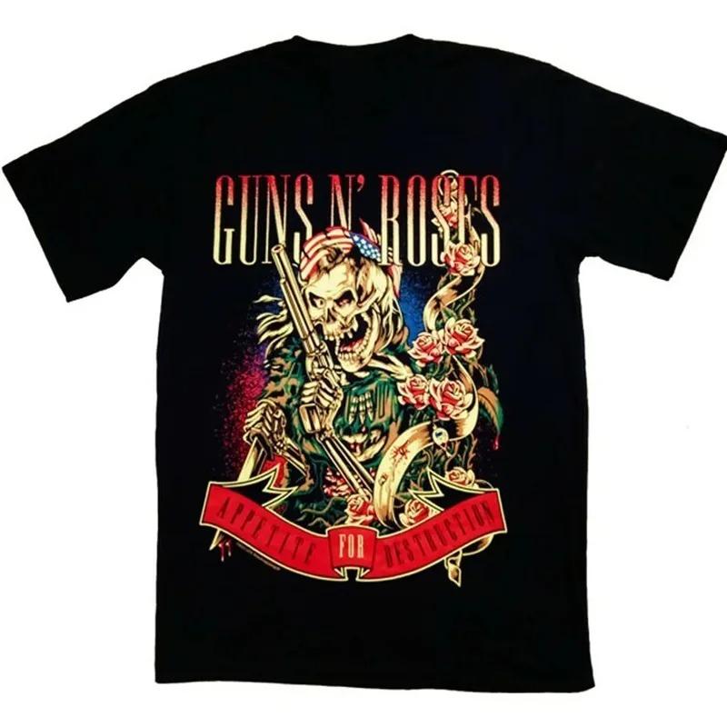 Schwarzes Kurzarm-T-Shirt im Guns N' Roses-Design mit Totenkopf-Zylinder und Revolver-Grafik für Rockmusik-Fans