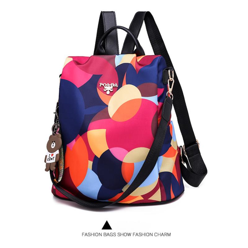 Outdoor Leisure Female Travel Bags Trendy Multiple Purpose Women's Backpack with Bear Pendant Colorful Printed Quality Oxford Shoulders Bag for Mother