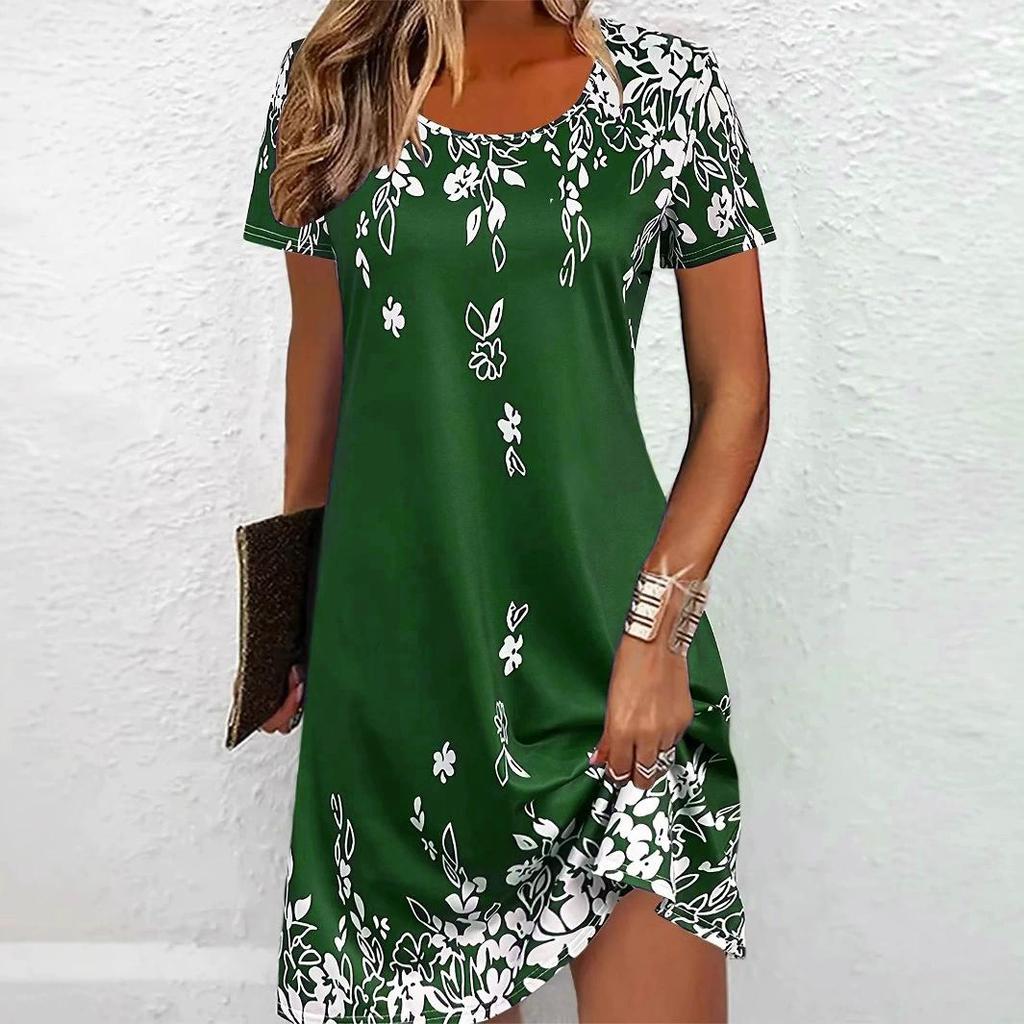 Elegant Floral Pattern Women Mini Dresses Summer Short Sleeve Printed Plus Size Casual Comfortable Soft Dress