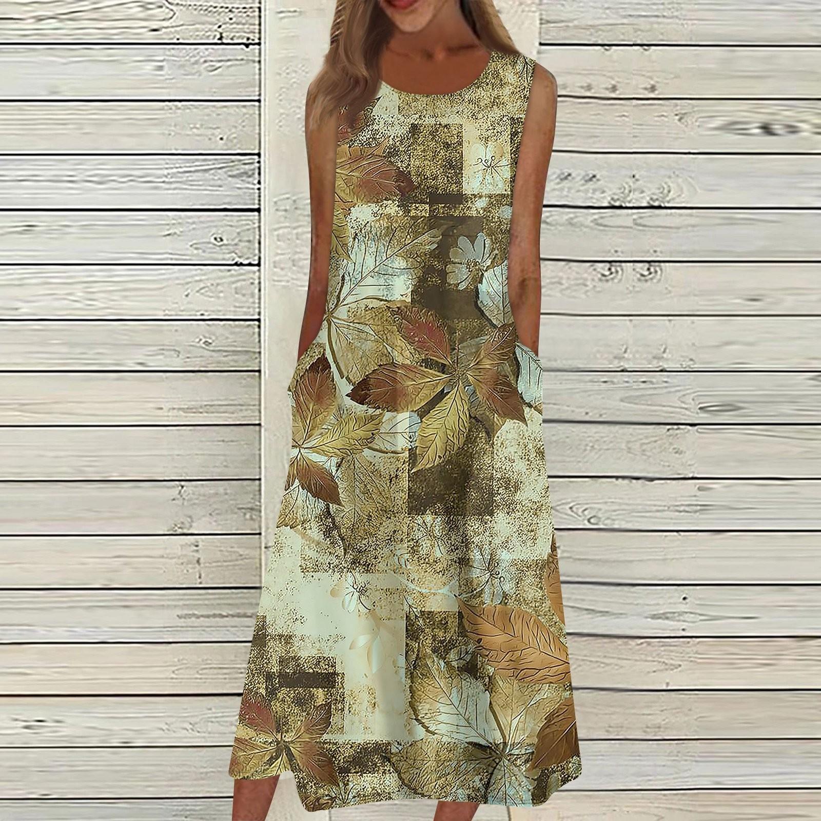 

Жен. Повседневные платья с принтом Круглый вырез Классический Классический На открытом воздухе Повседневные Без рукавов Свободные платья L зелёный