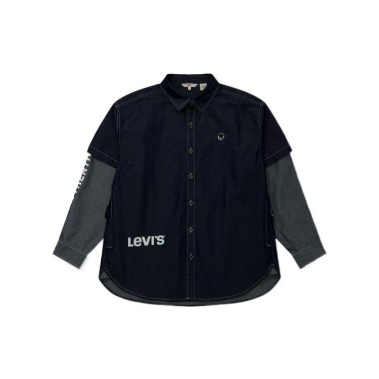 Levis FW22 Logo Print Single-Breasted Faux Two-Piece Long Sleeve Shirt Men Shirts Blue A5192-0000
