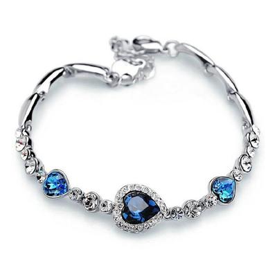 Women Ocean Blue Crystal Rhinestone Heart Bangle Bracelet