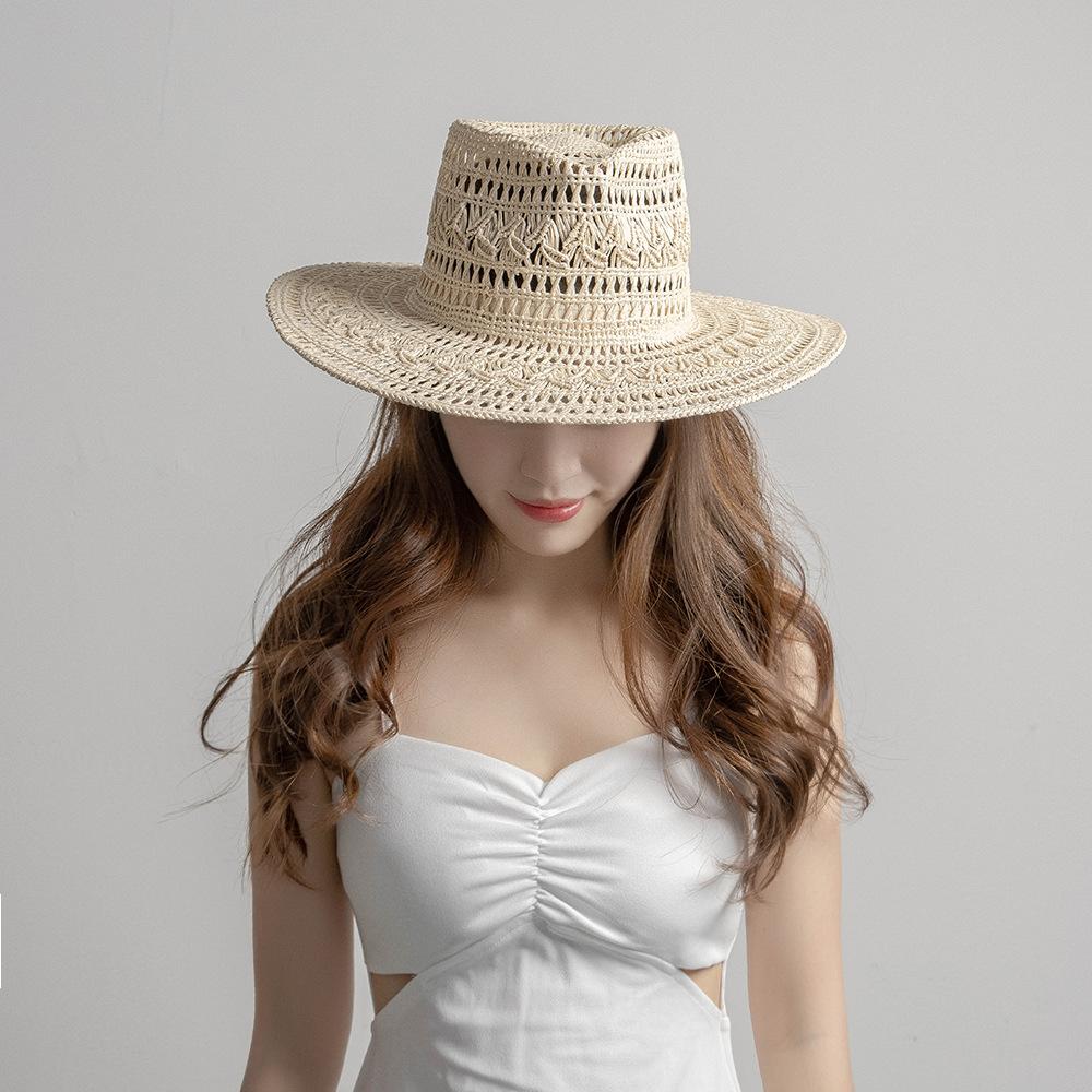USPOP Fashion Casual Hand-woven Hollow Pattern Straw Hat Spring and Summer Ladies Wide Brim Jazz Hat Outdoor Sun Hat