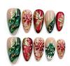 Unhas Postiças de Amêndoa para o Natal 30 Peças, Design de Árvore de Natal com Flocos de Neve Dourados, Unhas Postiças Francesas Reutilizáveis, Arte de Unhas Vestível para o Natal