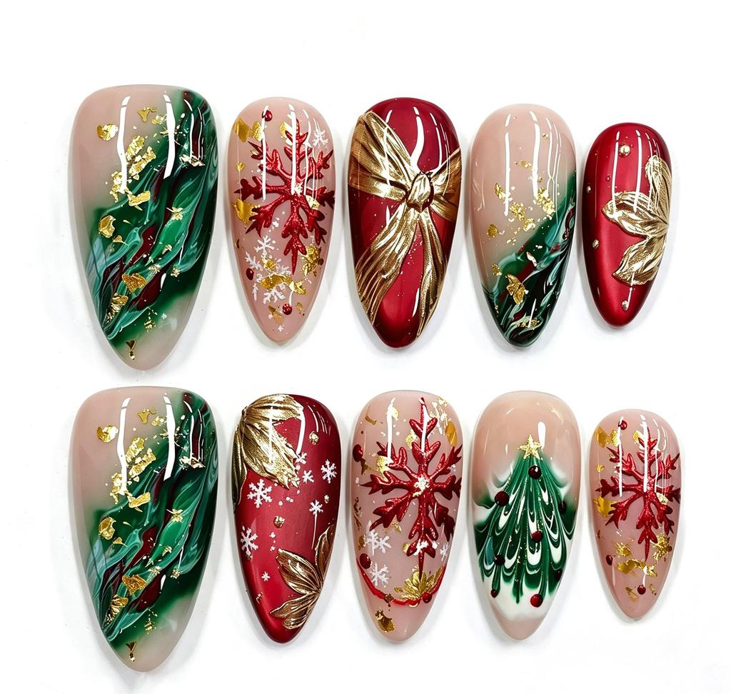 Unhas Postiças de Amêndoa para o Natal 30 Peças, Design de Árvore de Natal com Flocos de Neve Dourados, Unhas Postiças Francesas Reutilizáveis, Arte de Unhas Vestível para o Natal