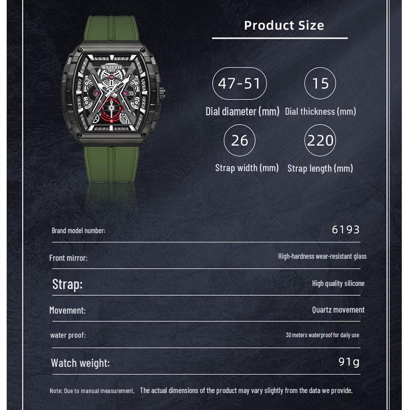 Volis Barrel-Shaped Men's Outdoor Skeleton Watch with Curved Gradient Mirror