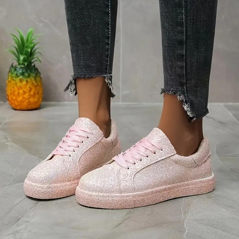Fashion Plus Size Women's Shoes 2025 Spring Autumn New Style Solid Color Sequins Lace Up Flat Bottom Comfortable Casual Sports Shoes