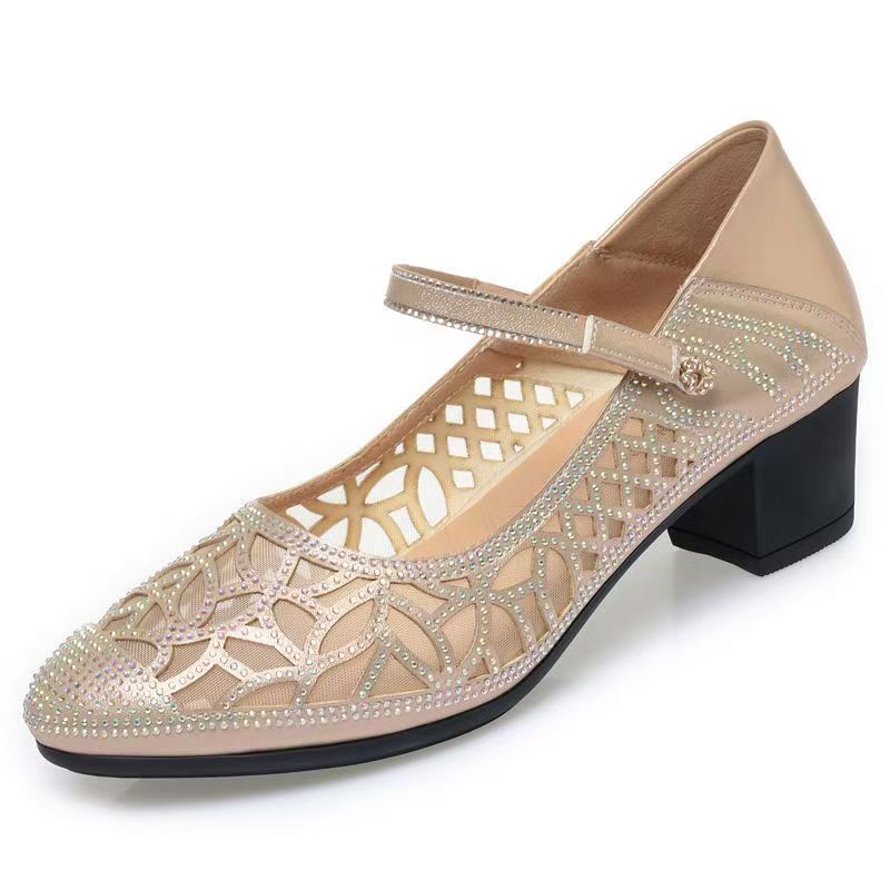 Women's Leather Mesh Rhinestone Block Heel Shoes Spring Summer New Round Toe Hollow Out Fashionable Shallow Slip On Sandals
