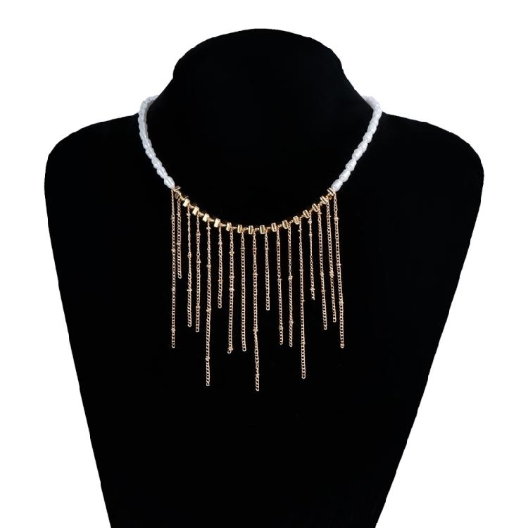 Delicate Layer Chain Chokers Necklace With Irregular Cultured Pearls And Cascading Tassels Embellishment