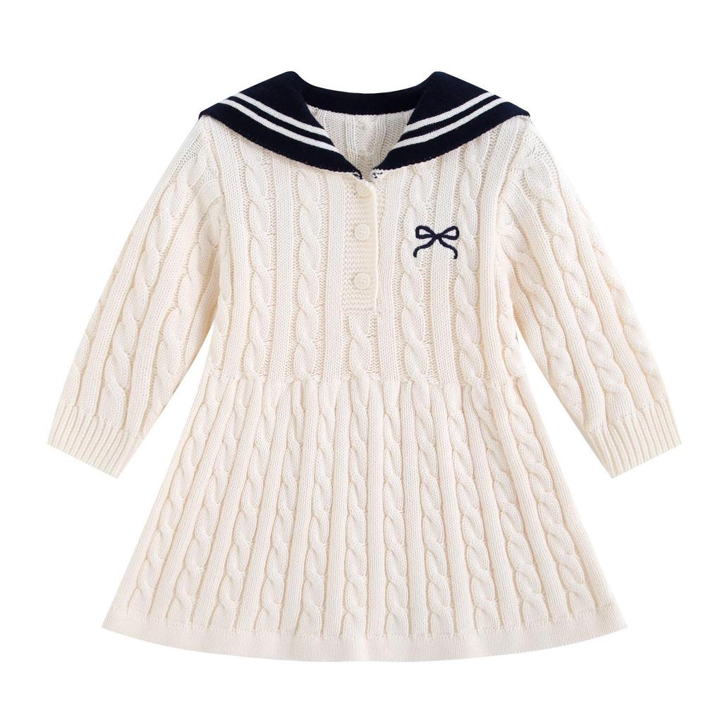 Sonbahar ve Kış İçin Pamuklu Kolej Tarzı Örgü Fiyonklu Bebek Kız Prenses Elbise