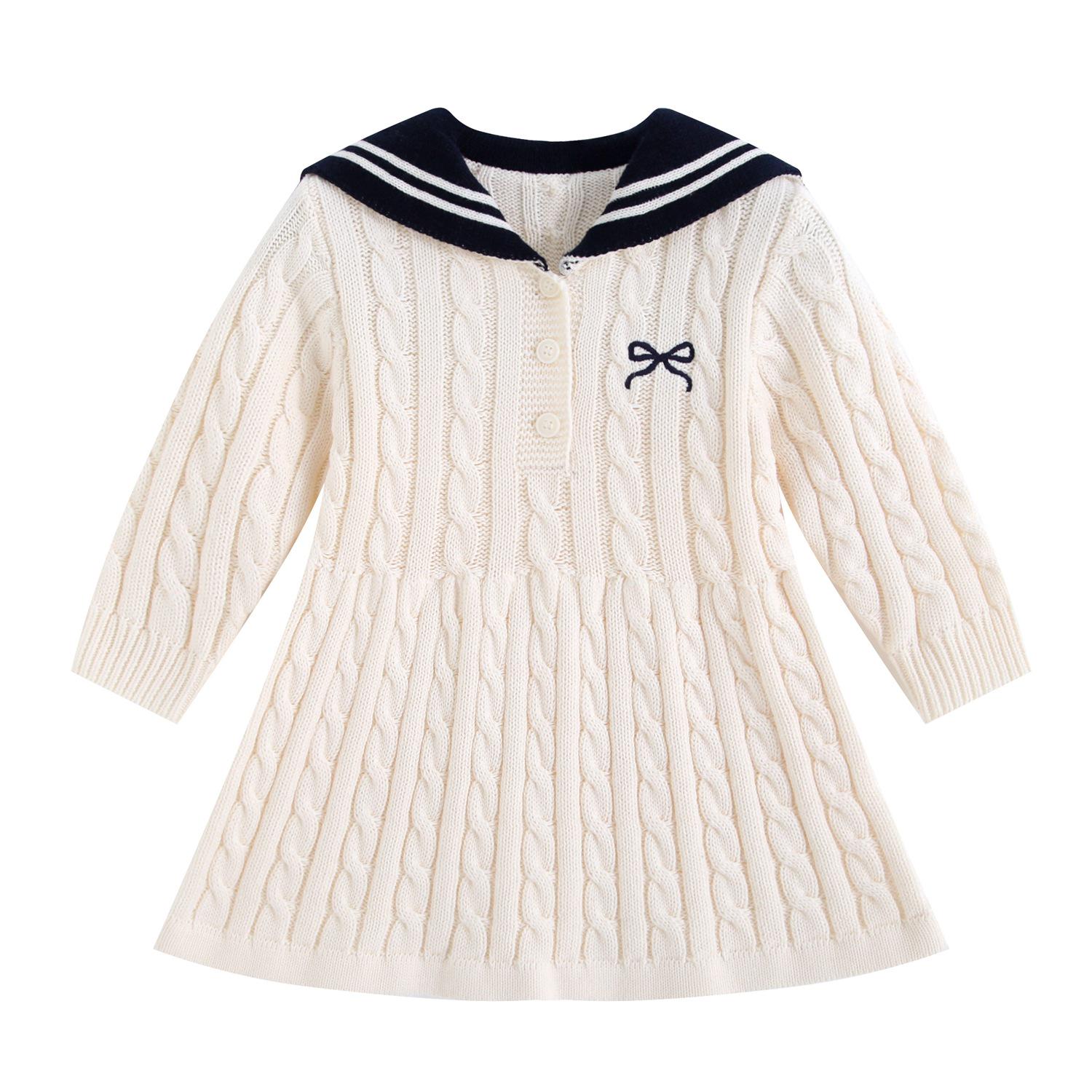 Rochie tricotată tip colegiu cu fundă pentru fetițe, din bumbac, stil prințesă, pentru toamnă și iarnă 120 cm white