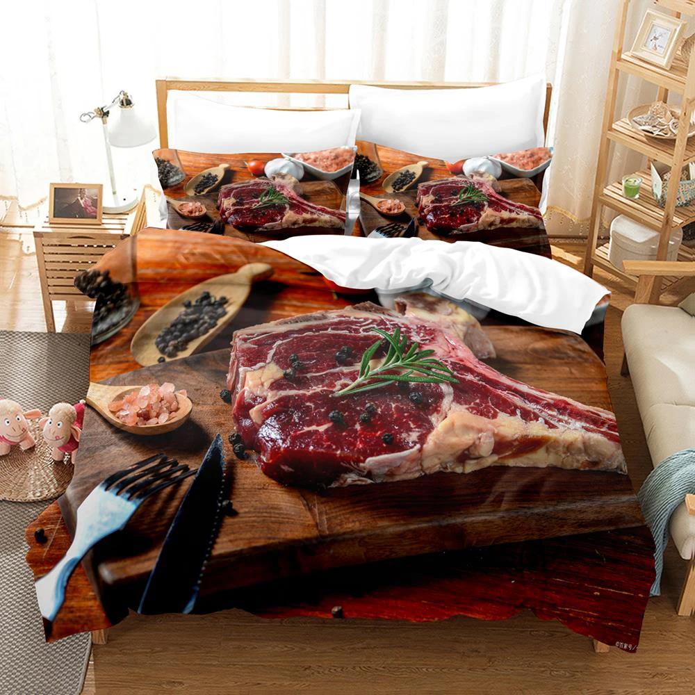 2024 Beefsteak Einzel Doppel Voll Queen King Size Bettwäscheset Jungen Schlafzimmer Bettdeckenbezug 3D-Druck Gourmet-Steak