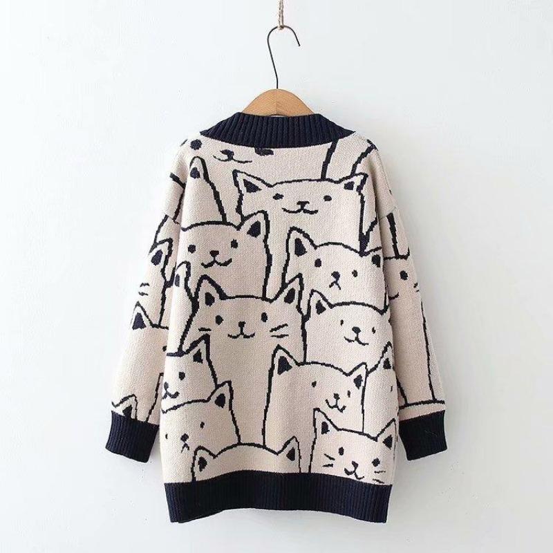Cardigan Lavorato a Maglia Gatto Cartone Animato Maglione Autunno Inverno Donna Maglione Harajuku Cappotto Scollo a O Manica Lunga Cardigan
