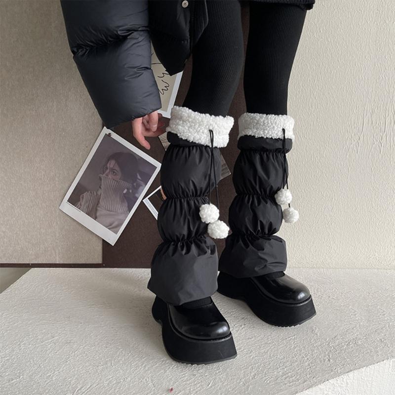 Lamb Fleece Trim Padded Puffer Leg Warmers with Cute Plush Balls for Women Warm Thermal Quilted Boot Cuffs Foot Covers