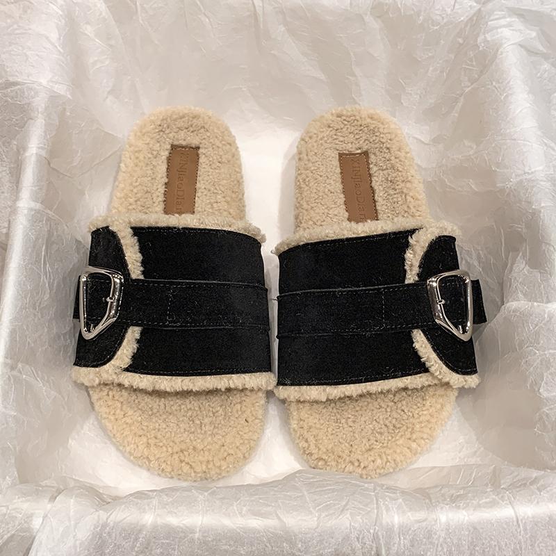 Mode Herbst und Winter Ein-Wort-Schnalle Dicke Sohle Tragen Lässig und Flauschig Warme Kaninchenhaar Flauschige Hausschuhe Damen 2024 Neu