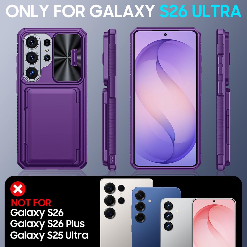 Su kortelių laikikliu, slankiojančiu kameros dangteliu ir stoveliu, skirtas Samsung Galaxy S26 Ultra telefono dėklas, apsaugantis nuo kritimo, PC+TPU piniginės dėklas - Violetinis
