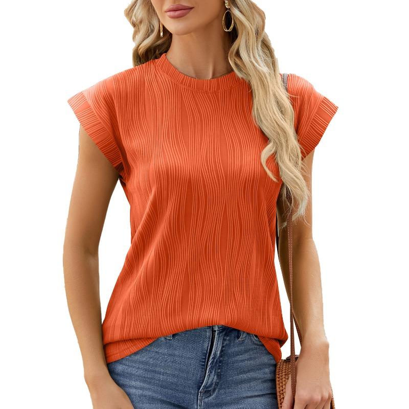 Women's Summer Solid Color Crew Neck Cover Shoulder Sleeve T-shirt Top Vest