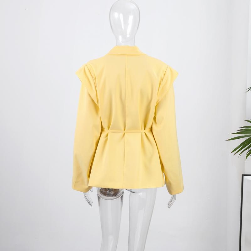 Lace Up Shoulder Pad Blazer Coat Women Elegant Turn-down Collar Long Sleeve Pockets Slim Fit Coats Chic Ladies Commute Outerwear