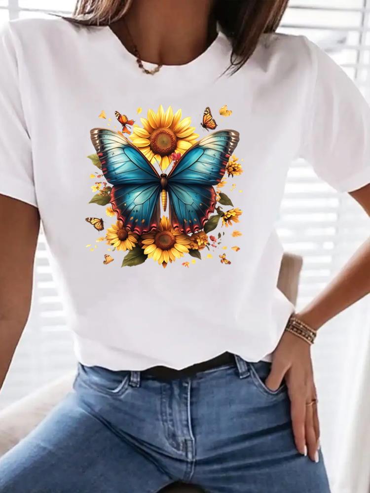 (Asian Size) Clothing T Shirt Woman Women Sweet Flower Floral  Fashion Tee Top Print Female Short Sleeve Graphic T-shirts