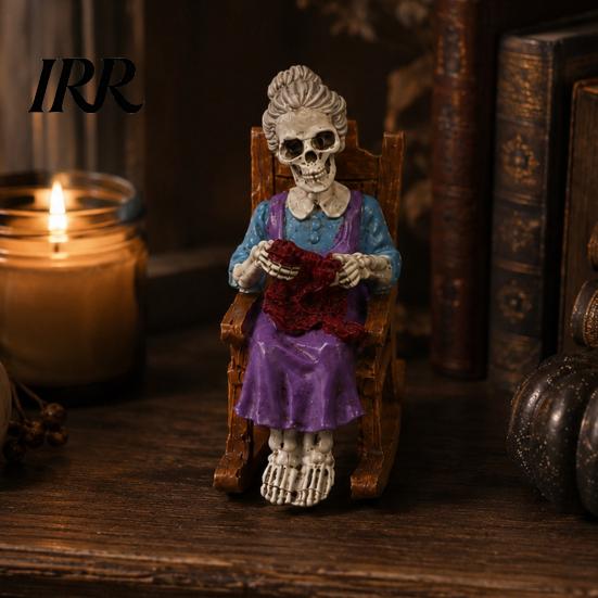 Collectible Skeleton Shelf Sitter Halloween Figurine, Resin Sitting On Rocking Chair Statue, Drinking Funny Dark Holiday Figurines Coffee Crocheting