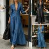 Mid-length Dress Women Button Down Maxi Denim Dress, Long Sleeve Lapel V Casual Loose Neck Flowy A-line Jean with Pockets Summer