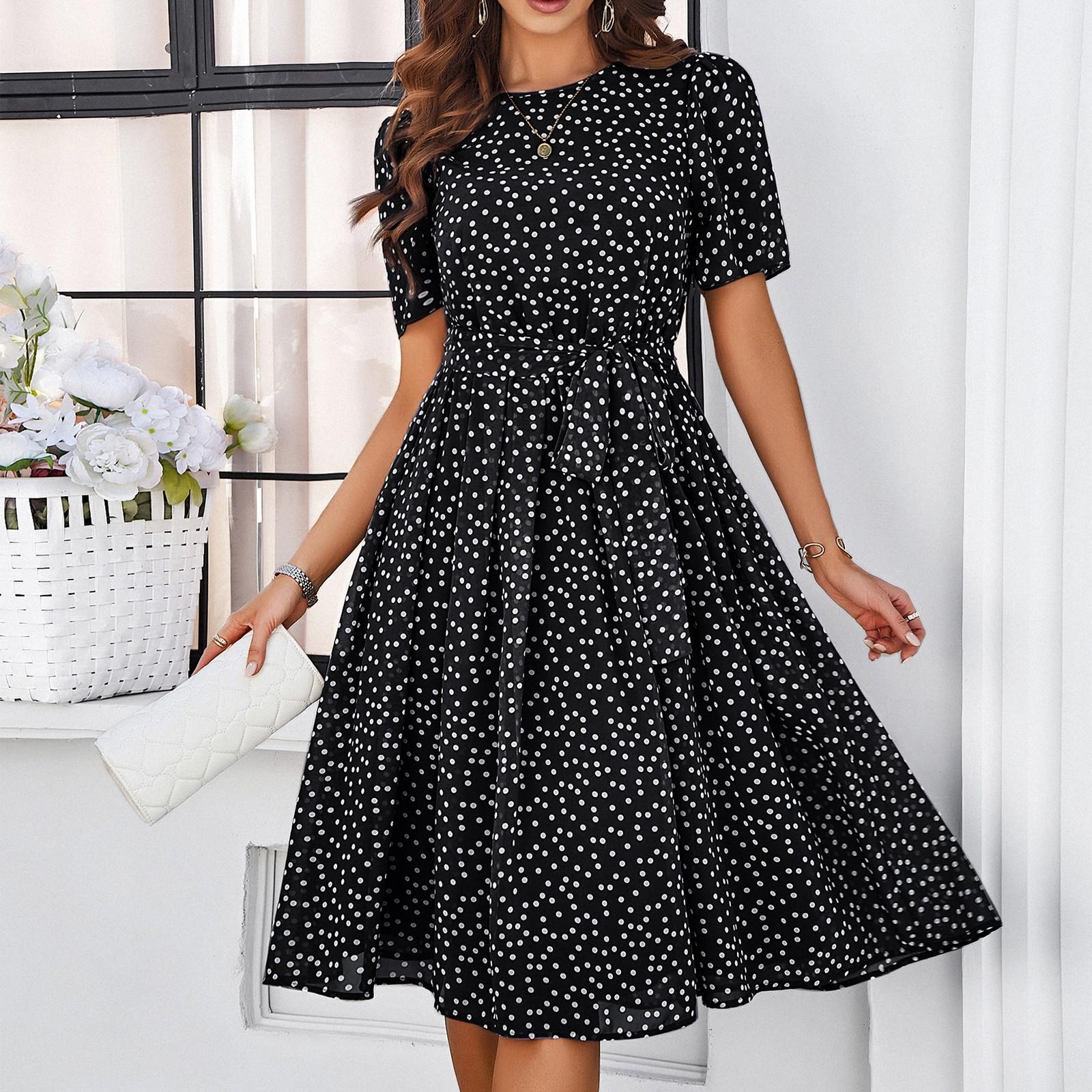 

Женские платья Повседневные платья с круглым вырезом и коротким рукавом в горошек L чёрный