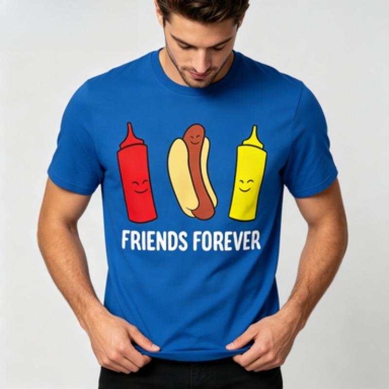 Unisex 100 Cotton O Neck T Shirt Cute Cartoon Hot Dog Ketchup Mustard Bottles Friends Forever Text Fast Food Tee Tops