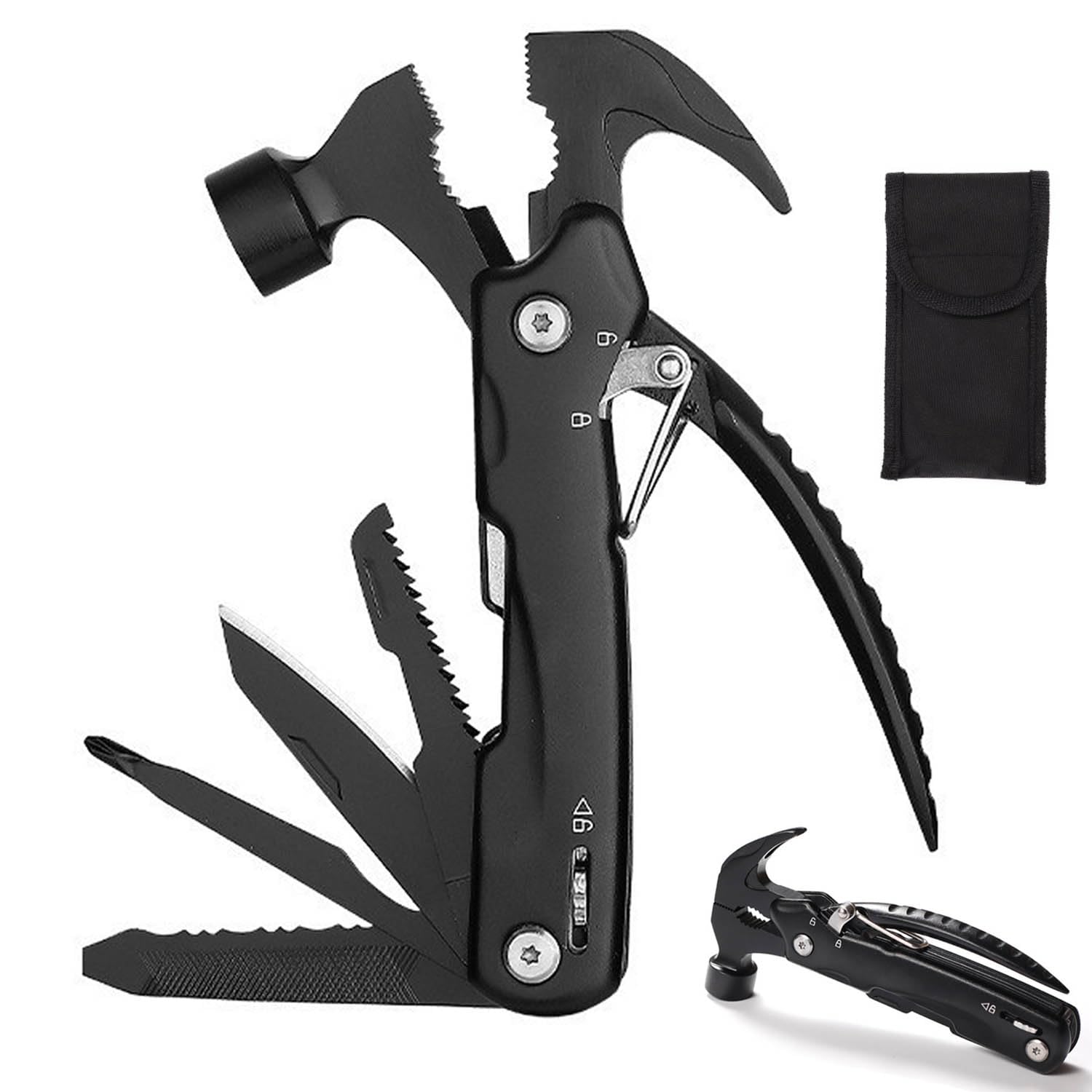 

ibubu Multifunctional Folding Peg Survival Pocket Locking Bottle for Outdoor Disaster Compact and Black Hammer, 12-in-1 Tool, Multi-Pliers, Knife, чорний