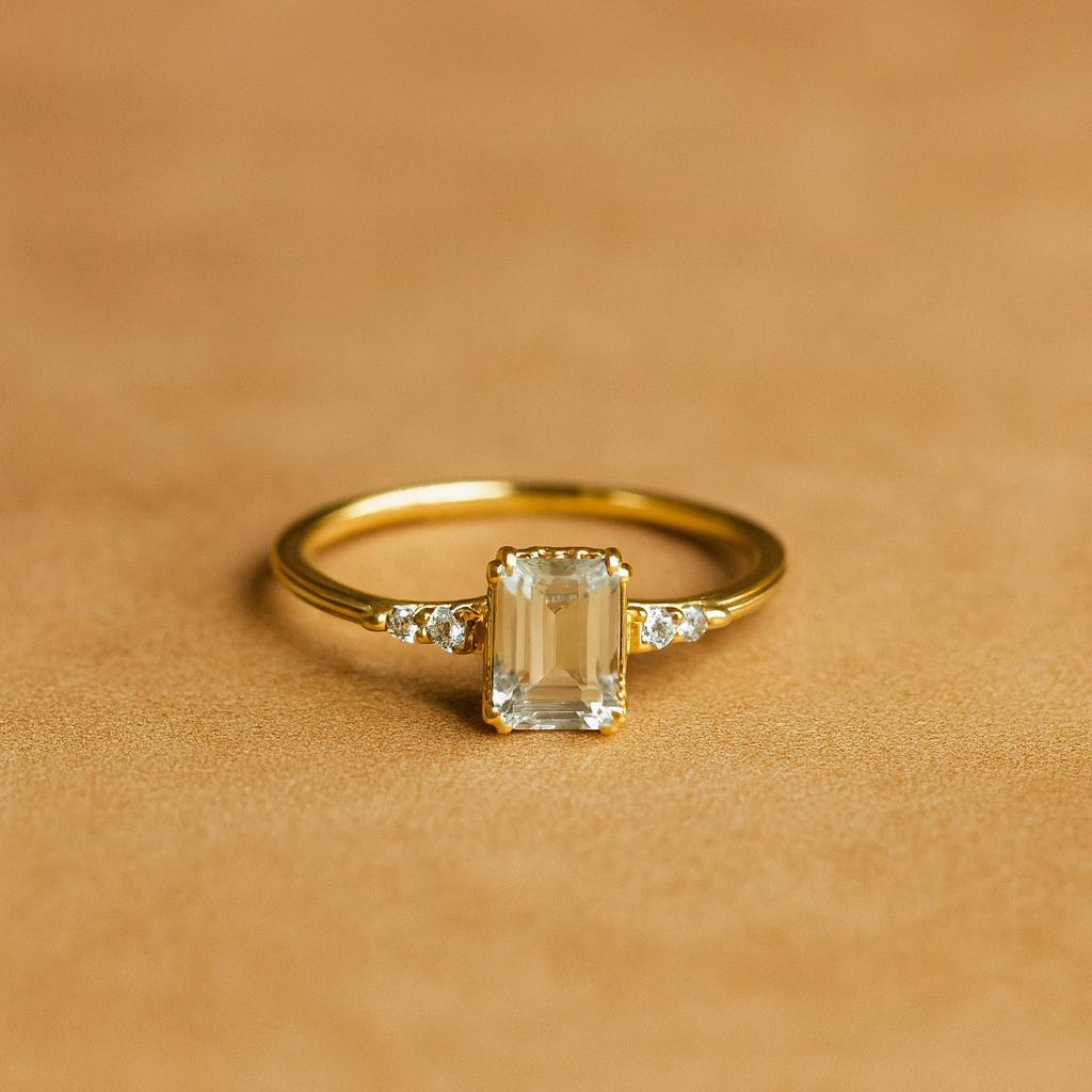 Women’s Emerald Cut Green  Amethyst Gemstone Engagement Ring – Gold Plated Band with Side Diamond Accents, Elegant Statement Jewelry Gift for Her