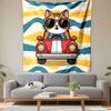 Cool Orange Cat Wearing Sunglasses Driving Red Convertible Car Wall Tapestry Retro Wavy Decor for Kids Bedroom Dorm Gift