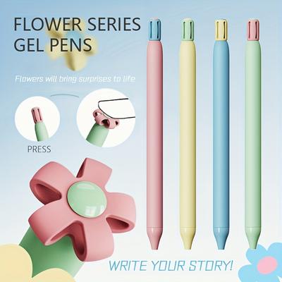 Blumen-Serie Ausziehbare Gel-Tinte Stifte - 4er-Pack - Kunststoff, Schnelltrocknend, Mittlere Spitze - Kreativer Verwandlungsblumen-Druckknopf