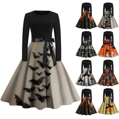 Halloween Damen Casual Fashion Rundhals Bedrucktes Vintage Kleid