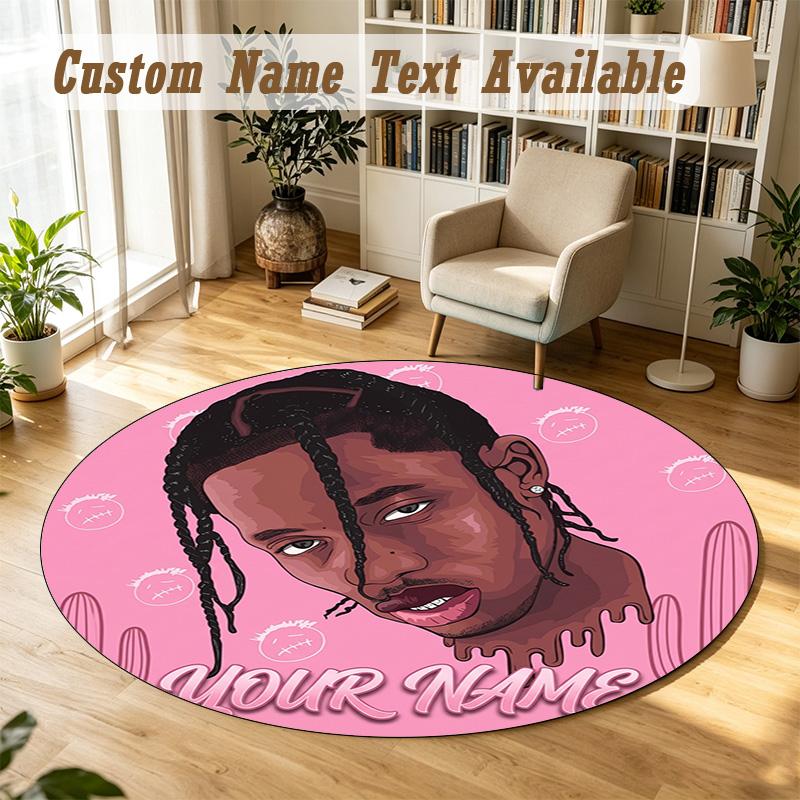 Round Rug Custom NameTravis Scott Pattern Non Slip Carpet Home Floor Decor