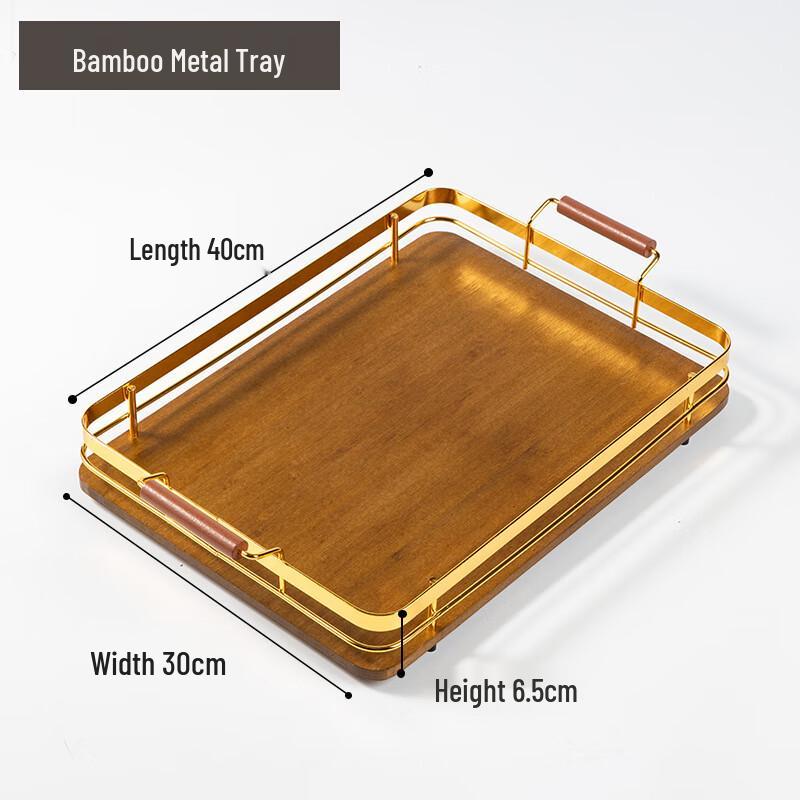 

Rectangular Bamboo Wood Serving Tray with Metal Handles