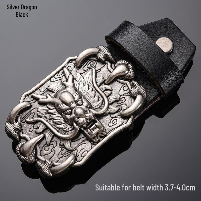 Tiger Head Alloy Western Cowboy Leather Belt with Smooth Buckle