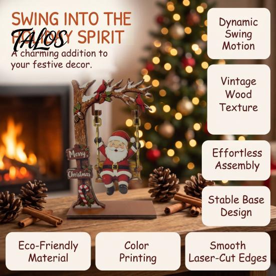 Xmas Gift for Family Christmas Wooden Ornaments, Santa Snowman Figurine with Moving Festive Fireplace Ornaments Swing, Rustic Holiday Tabletop