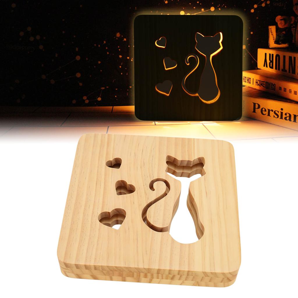 مصباح ليلي بنمط قلب قطة مجوف أمامي خلفي خشبي ثلاثي الأبعاد LED بجانب السرير لغرفة النوم المطعم