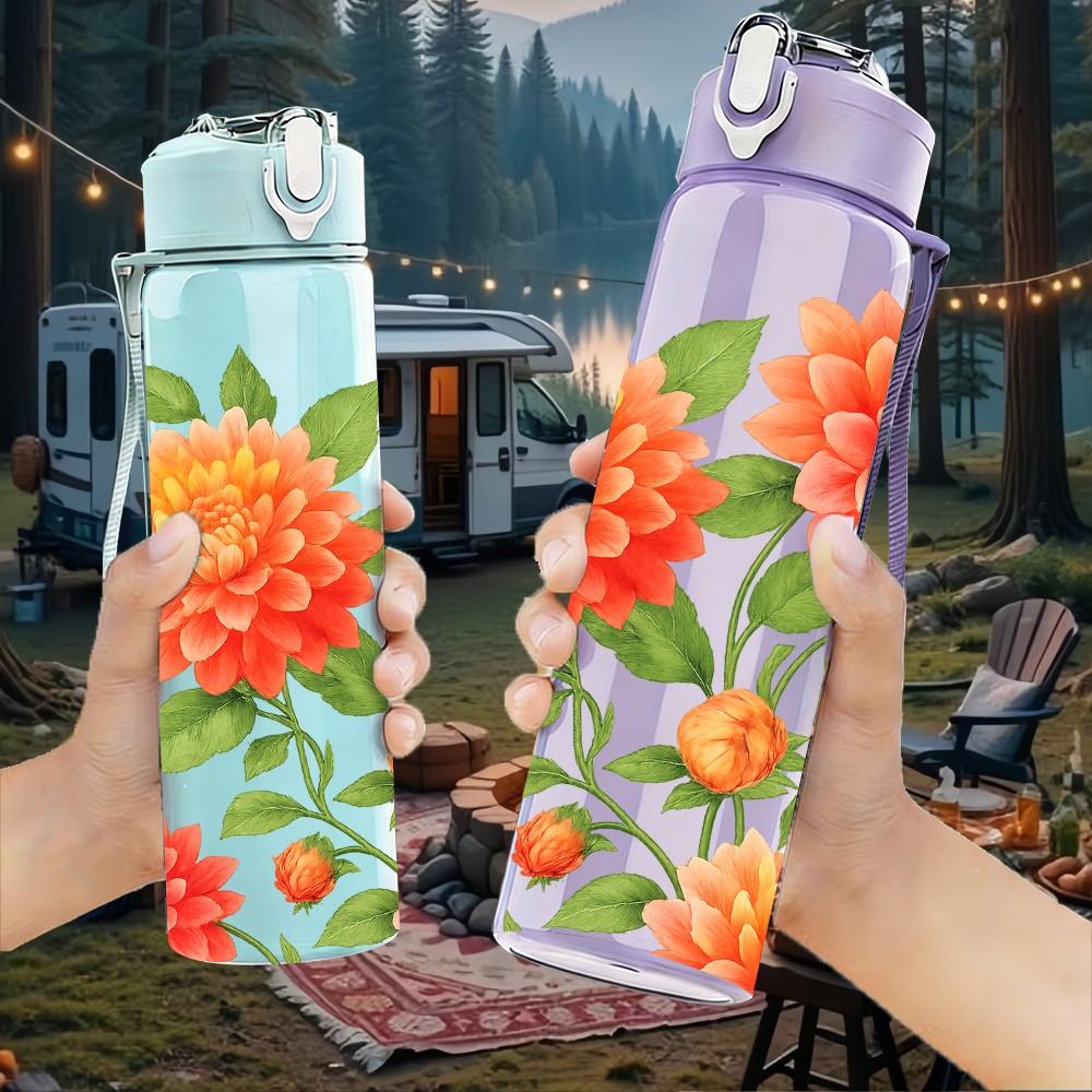 1PC Bright Orange Red Peony Flower Print 750ml Color Plastic Sports Water Bottle Leakproof Flip Straw Lid Suitable for Sports Office Home Use
