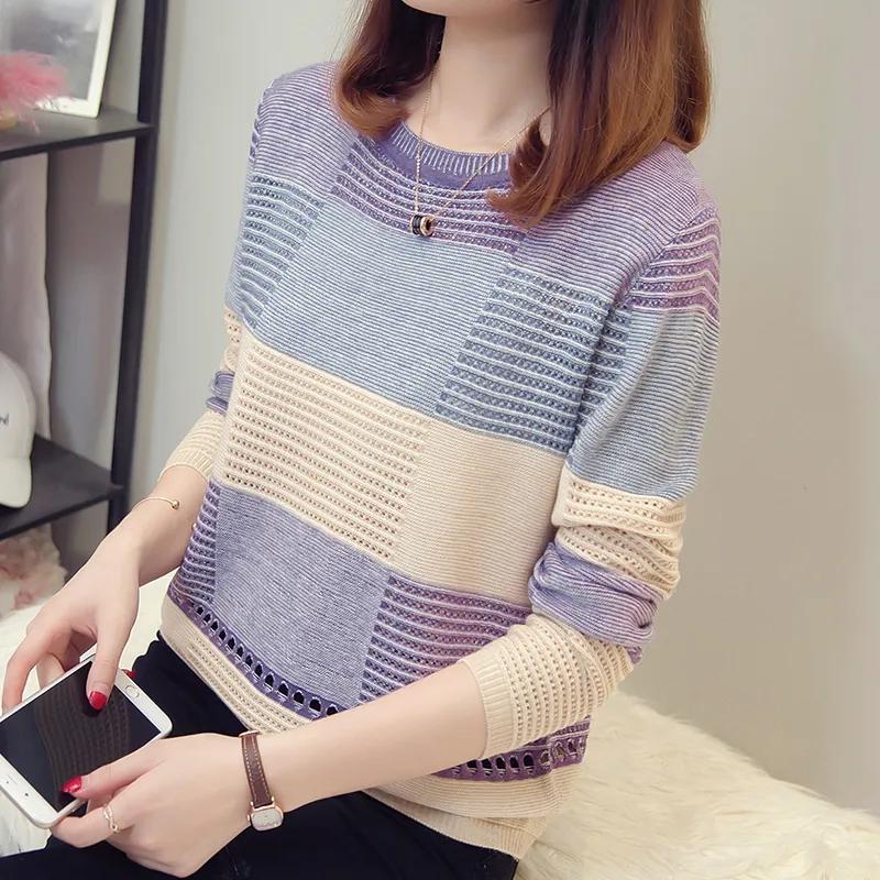 Dzianinowe t-shirty O-neck Wiosna Jesień Patchwork Swetry z długim rękawem Casual Hollow Out Swetry w paski Rozrywka Koreańskie swetry