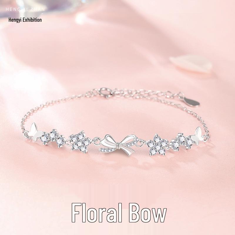 Sterling Silver 925 Floral Bow Bracelet - Exquisite Handcrafted High-End Jewelry