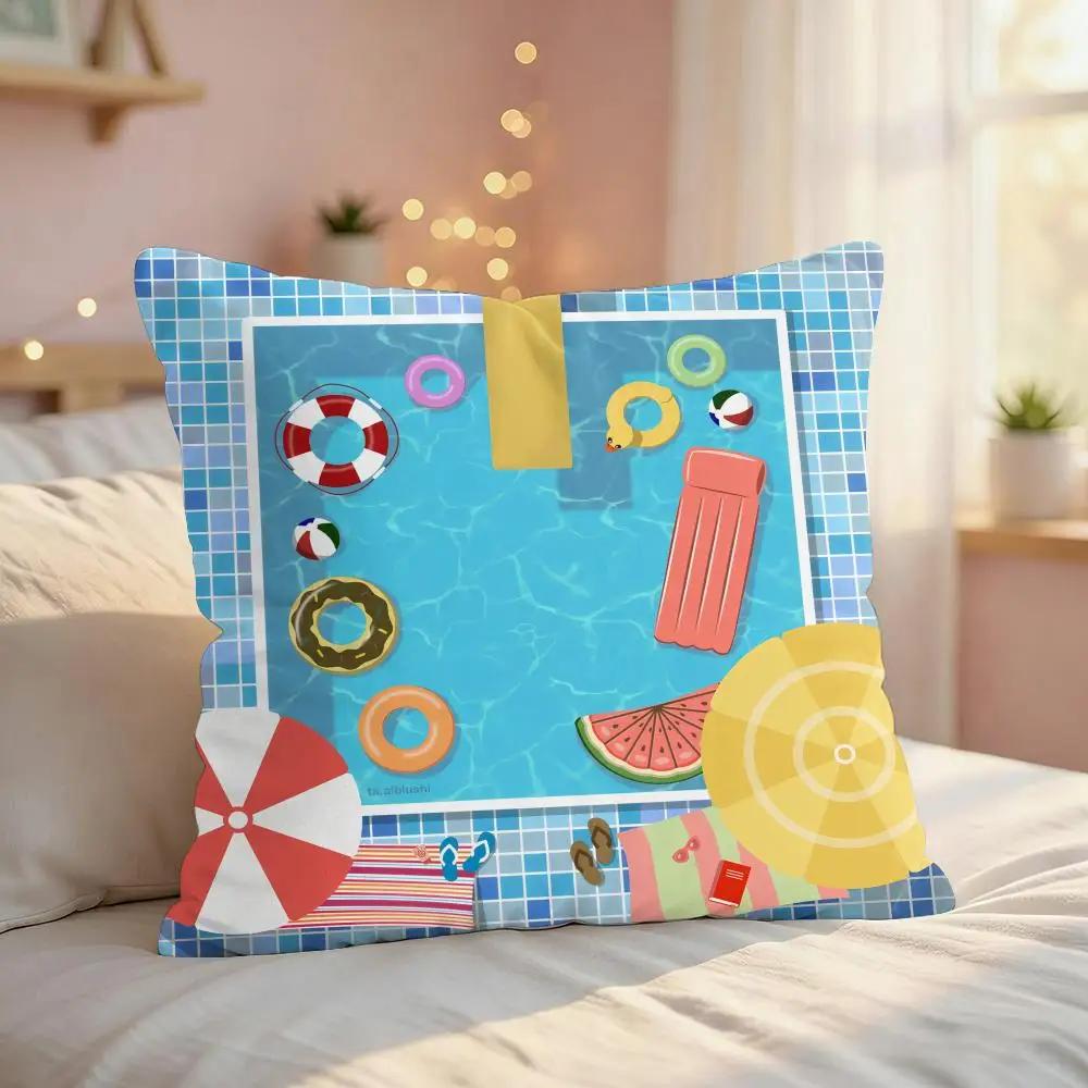 Summer Pool Oil Art Ins Cushion Cover Silky Short Plush Invisible Zipper Dustproof Sofa Pillow Case For Home Decor