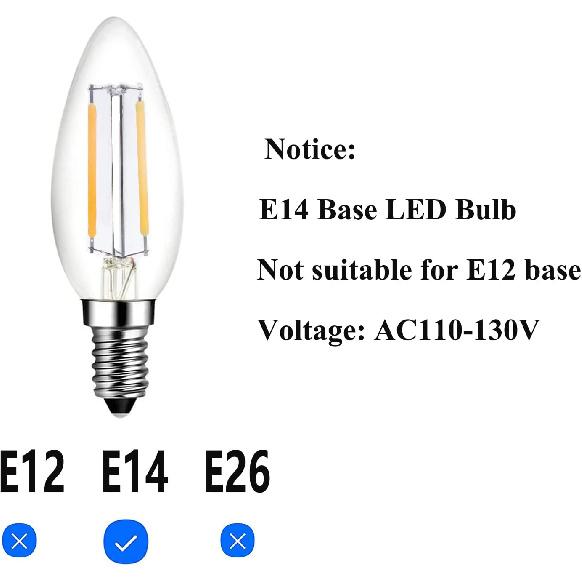 E14 European Base LED Candelabra Light Bulbs 25W Equivalent, 110V 2700K Warm White E14 Led Bulbs 2W 250LM for Turkish Lamp, European Chandeliers,