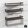 3PCS Floating Shelves Wooden Wall Mounted with Storage Basket Protective Guards for Bathroom Bedroom Wall Decor Living Roo