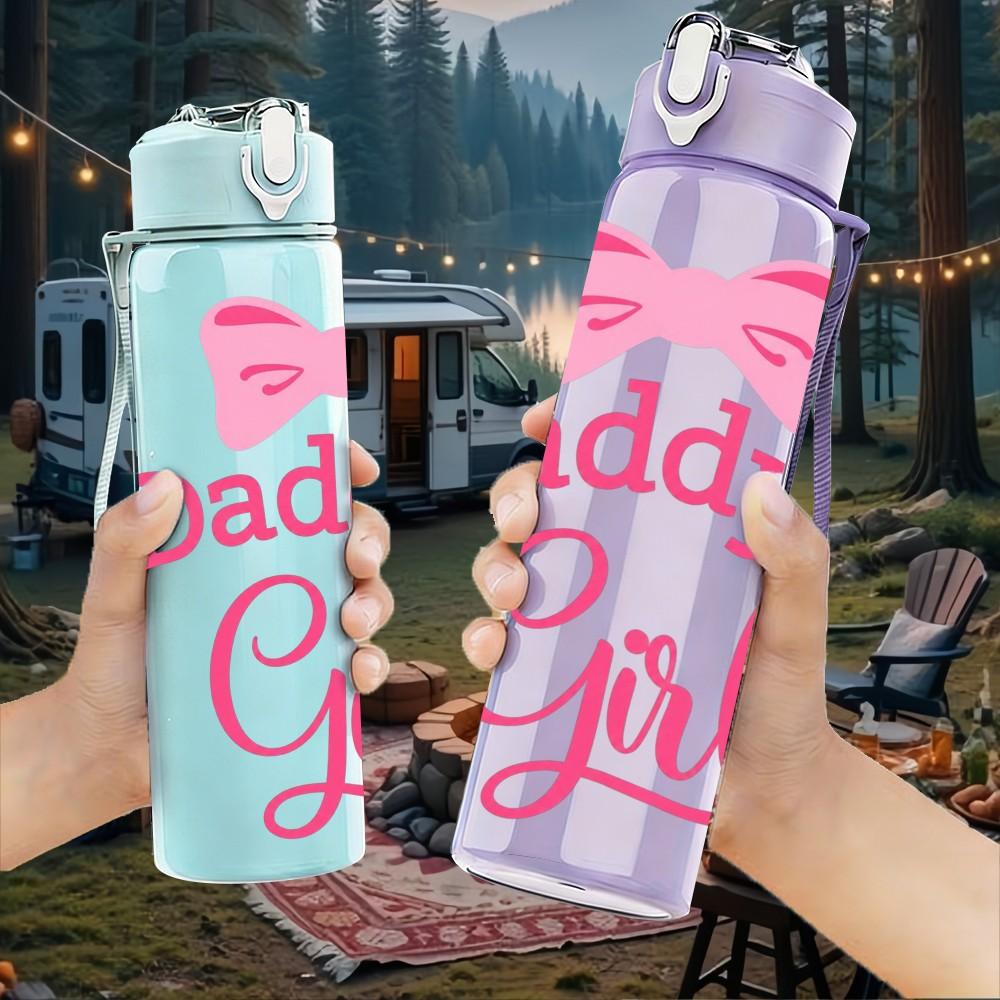 1PC Daddys Girl Pink Bow Slogan Print 750ml Color Plastic Sports Water Bottle Leakproof Flip Straw Lid Suitable for Sports Office Home Use